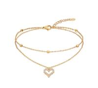 Amberta Silver Gold Waterproof Ankle Bracelets for Women | Boho Layered Anklets for Women | Summer Jewellery, Adjustable Ankle Chain Beaded Rope Heart: Gold Heart and Beaded Chain