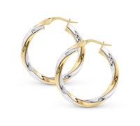 Amberta Women's 2 Tone 9ct Gold Hoop Earrings: Yellow & White Gold, Twisted, Solid, 20 mm