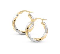 Amberta Women's Two Tone 9ct Gold Earrings: Yellow & White Gold, Twisted 15 mm Hoops