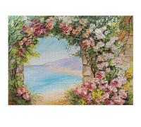 Ambesonne Art Jigsaw Puzzle for Adults, Old Antique Arch Covered by Rose Petals Branches Romantic Italian Panorama Sea Print, Heirloom-Quality Fun Activity Durable Cardboard, 1000 pcs, Multicolor
