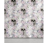 Ambesonne Blooming Skull Peel & Stick Wallpaper for Home, Repetitive Roses Peonies Gothic Pattern Watercolor on Plain Back, Self-Adhesive Living Room Kitchen Accent, 33 cm x 90 cm, Blue Grey Soft Pink