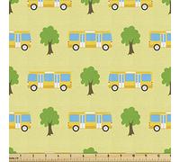 Ambesonne Bus Fabric by The Yard, Horizontally Arranged Trees and Transportation Vehicles Urban Elements, Decorative Fabric for Upholstery and Home Accents, 1 Yard, Green and Yellow