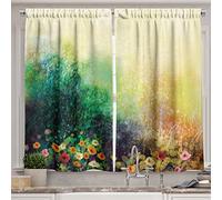 Ambesonne Flower Long Kitchen Curtains, Vibrant Colored Flower Bed on Valley in Fall Season with Shady Faded Murky Print, Two Panels Drapes with Rod Pocket Room Decor, 55" X 45", Mustard Green