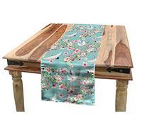 Ambesonne Flowers Table Runner, Watercolor Art Style Flying Crane Birds with Pink Sakura Cherry Blossoms Exotic, Dining Room Kitchen Rectangular Runner, 16" X 90", Turquoise Pink