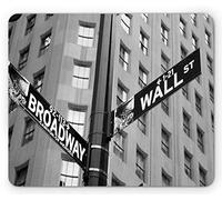 Ambesonne New York Mouse Pad, Street Signs of Intersection of Wall Street and Broadway Finance Destinations, Rectangle Non-Slip Rubber Mousepad, Standard Size, Black White