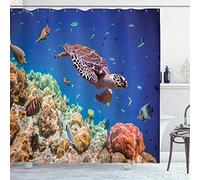 Ambesonne Ocean Shower Curtain, Tropical Sea Turtle Swimming in Sea Maldives Image, Cloth Fabric Bathroom Decor Set with Hooks, 69" W x 70" L, Blue Brown