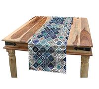 Ambesonne Traditional Table Runner, Portuguese Historical Mixed Azulejo Mosaic Tiles with Moroccan Ceramic Motifs, Dining Room Kitchen Rectangular Runner, 16" X 72", Light Blue White