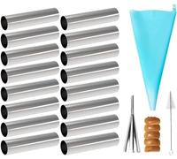 AMBESTAR 16 Pack Cannoli Tubes Stainless Steel, 5 inch Large Size Cannoli Tubes Baking Molds with Piping Bags, Long Piping Tips for Cream Horns, Cannoli Shell, Brioche Rolls, Croissant Toast