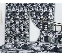 Ambiance Home 66" x 72" Curtains Camouflage Black, Army Print, Grey White, Includes Matching Tie Backs