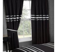 Ambiance Home 66"x72" Glitz Black With Silver Trim, Curtains + Matching Tie-Backs, Luxurious 200 Thread Count 100% Egyptian Cotton With Ribbon Detailing