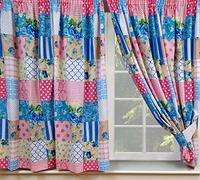 Ambiance Home Patchwork Blue, 66"x72" Curtains + Matching Tie-Backs, Floral Damask Polka Dots Spots Flowers Thatch Weave Tartan Check, Pink Blue Cream White Beige