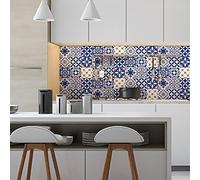 Ambiance Sticker Self-Adhesive Decorative Wall Decal Cement Tile for Bathroom and Kitchen Ornements Bleu Égyptien - Pack of 9 Stickers of 15 x15 cm