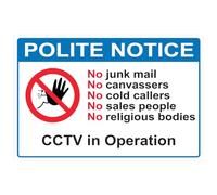Ambiance Sticker Vinyl Signage Sticker - DP063AL-W Polite Notice: No Junk Mail, No Canvassers, No Cold Callers, No Sales People, No Religious Bodies, CCTV in Operation Sign - H10 x L15 cm