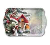 Ambiente House with Robins Small Serving Tray Decorative Tray Melamine 13 x 21 cm Robin Birds in Winter Landscape Winter Christmas Series