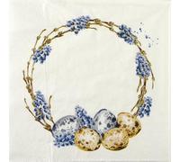 Ambiente Luxury 25cm Cocktail Napkins - Easter Eggs and Blue Muscari Floral Wreath Design - 20 Pack, Soft 3-Ply Paper Napkins for Easter Table Decor, Spring Party Supplies