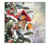 Ambiente Napkin Robin Winter House, 33 x 33 cm, 3-Ply, Pack of 20, Christmas Napkin, Table Decoration, Winter Design
