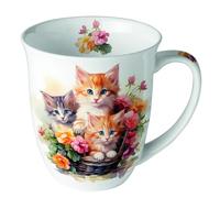 Ambiente Porcelain mug, bone china mug, 400 ml, diameter 10 cm x height 10.5 cm, for tea or coffee, kittens design kittens in basket