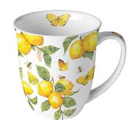 Ambiente Porcelain Mug, Bone China Mug, 400 ml, White with Lemons and Butterflies, 10 cm Diameter, Coffee and Tea Fresh Lemons White