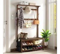 AMBIRD Coat Rack Bamboo Hall Tree Entryway Shoe Bench and Shelves, 6-in-1 Coat Stand with Storage Cloth Bags with 14 Coat Hooks, Large Dimensions Brown, 100x40x180