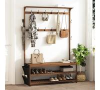 AMBIRD Coat Rack Bamboo Hall Tree Entryway Shoe Bench and Shelves, 6-in-1 Coat Stand with Storage Cloth Bags with 14 Coat Hooks, Large Dimensions Brown, 119x40x180