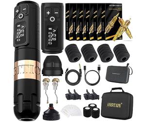 Ambition Soldier Tattoo Kit - Wireless Tattoo Machine Kit Complete Rotary Tattoo Machine with Extra 2400mah Power 120pcs Glory Mixed Size Cartridge Needles for Professional Tattoo Artists