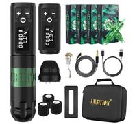 Ambition Soldier Wireless Tattoo Machine Kit Complete Rotary Coreless Motor Tattoo Pen Kit with Extra 2400mAh Battery 80pcs TREX Mixed Size Cartridge Needles Supply for Professional Tattoo Artist