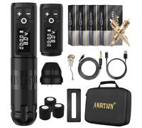Ambition Soldier Wireless Tattoo Machine Kit Complete Rotary Coreless Motor Tattoo Pen Kit with Extra 1950mAh Battery 80pcs Premium Mixed Size Cartridge Needles Supply for Professional Tattoo Artist