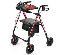 Amblisss Rollator Walker for Seniors with Seat, 300 lbs Weight Capacity, 8" Wheels Dual Height Ajustable, Walkers for Seniors with Tray, Handles Brake Rollator Walker with Seat for All-Terrain (Red)