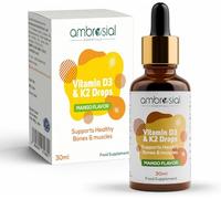 Ambrosial Vitamin D3 + K2 Drops - High Strength Liquid Supplement for Adults & Kids - 500 IU Vitamin D3 + 50 mcg Vitamin K2 - Mango Flavour, Gluten Free, Non-GMO, Easy-to-Take Vitamin D Liquid - 30 ml