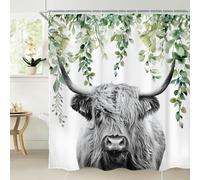AMBZEK Highland Cow Shower Curtain 72Wx72L Inch Farmhouse Rustic Funny Bull Eucalyptus Leaves Plants Western Country Artwork Cloth Fabric Waterproof Polyester Bathroom Decor Set with 12 Pack Hooks