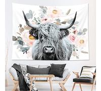AMBZEK Highland Cow Tapestry Floral 51Hx59W Inch Western Country Wall Art Funny Tapestry Bull Cattle Rustic Farmhouse Wildlife Flowers Cute Animal Farm Wall Hanging Bedroom Living Room Decor Fabric