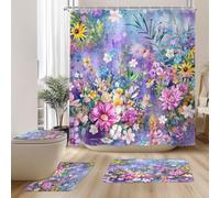 AMBZEK Purple Floral 4Pcs Shower Curtain Sets 72Wx72L Inch Spring Lavender Flower Rustic Wildflower Abstract Hydrangea Artwork Cloth Fabric Waterproof Polyester Bathroom Decor Set with 12 Pack Hooks