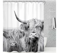 AMBZEK Two Cows Shower Curtain 60Wx72L Inch Rustic Bull Highland Cow Farmhouse Country Western Farm Animal Cattle Funny Cute Milk Wildlife Artwork Cloth Fabric Bathroom Decor Set 12 Pack Plastic Hooks