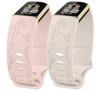 AMCC [2 Pack] Floral Engraved Straps compatible with Fitbit Charge 6 / Charge 5 Strap for Women, Soft Silicone Adjustable Wristband Replacement Strap (2-PACK 05)