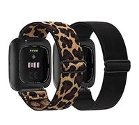 AMCC 2 Pack Straps Compatible with Fitbit Versa 2 Strap/Fitbit Versa Strap for Women/Men, Stretchy Adjustable Nylon Stylish Replacement Elastic Wristband for Fitbit Versa Lite (Black,Leopard)