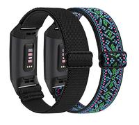 AMCC 2 Pack Stretchy Straps Compatible with Fitbit Charge 3 Strap/Charge 4 Strap, Soft Adjustable Elastic Replacement with Stylish Pattern, Nylon Woven Sport Wristband for Women Men (Boho Blue,Black)