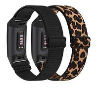 AMCC 2 Pack Stretchy Straps Compatible with Fitbit Charge 3 Strap/Charge 4 Strap, Soft Adjustable Elastic Replacement with Stylish Pattern, Nylon Woven Sport Wristband for Women Men (Black,Leopard)