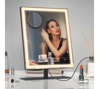Amdelne MIRA Vanity Mirror with Lights, 25x34cm Lighted Makeup Mirror, LED Make up Mirrors with 3 Colour Modes, 10x Magnifying Mirror, USB-C&Adapter, Touch Control Dressing Table Mirrors Square Black
