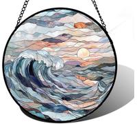 AMDERVEN Stained Glass Window Hanging, Gray Blue White Waves Sun Sun Catcher for Door Home Decor Bird Suncatcher Christmas Mother's Day Birthday Gifts for Women Men Mom and Nana 6.3 in