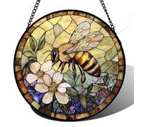 AMDERVEN Stained Glass Window Hanging, Vintage Bee Yellow Flower Sun Catcher for Window Door Home Decor Suncatcher Christmas Mother's Day Birthday Gifts for Women Men Mom and Nana 15 in