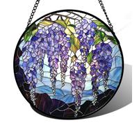 AMDERVEN Stained Glass Window Hanging, Wisteria Flower Sun Catcher for Door Home Decor Purple and Blue Suncatcher Christmas Mother's Day Birthday Gifts for Women Men Mom and Nana 7.8 in