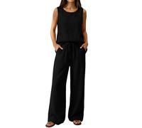AMDOLE 2 Piece Lounge Wear Sets for Women Summer Cotton Linen Co Ord Sets Plus Size Sleeveless Round Neck Vest Tops & Wide Leg Trousers with Drawstring Casual Holiday Travel Airport Outfits Black M