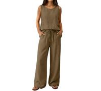 AMDOLE 2 Piece Lounge Wear Sets for Women Summer Cotton Linen Co Ord Sets Plus Size Sleeveless Round Neck Vest Tops & Wide Leg Trousers with Drawstring Casual Holiday Travel Airport Outfits Coffee M