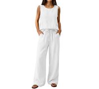 AMDOLE 2 Piece Lounge Wear Sets for Women Summer Cotton Linen Co Ord Sets Plus Size Sleeveless Round Neck Vest Tops & Wide Leg Trousers with Drawstring Casual Holiday Travel Airport Outfits White M