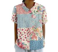 AMDOLE Blouses for Women UK Cotton Linen Ladies Tops Back Button Pullover Closure T-Shirts Round Lapel Neck Short Sleeve Floral T-Shirt Collared Oversized Casual Loose Blouses A-Sky Blue M