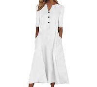 AMDOLE Business Dress with Pockets Summer Casual for Women Button Up Short Sleeve Dress Party Flowy Midi Dress Casual Long Sleeve Dress White