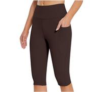 AMDOLE Capri Leggings for Women UK High Waisted Knee Length Yoga Leggings with Pockets Summer Short Legging Tummy Control Yoga Pants Cropped Seamless Stretchy Sports Gym Running Shorts Coffee, XXL