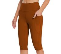 AMDOLE Capri Leggings for Women UK High Waisted Knee Length Yoga Leggings with Pockets Summer Short Legging Tummy Control Yoga Pants Cropped Seamless Stretchy Sports Gym Running Shorts Gold, XXL