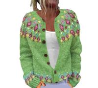 AMDOLE Cardigan Womens Chunky Knit Button Down Sweater Cardigans Plush Art Floral Print Vintage Fair Isle Jumpers Jackets Ladies Plus Size Going Out Outerwears Long-Sleeve Soft Warm Tops A-Green XL