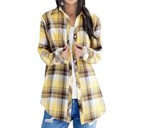 AMDOLE Cardigans for Women UK, Women's Checked Shirts Long Sleeve Button Down Shirts Plaid Shirt for Women Check Blouses Top Roll Up Casual Classic Office Party Cardigans with Pockets Yellow XL